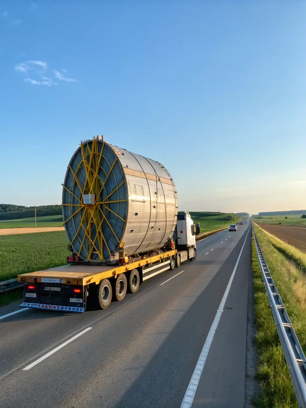 A flatbed CST Transport Ltd truck carrying oversized machinery, highlighting the company's expertise in specialized freight services.